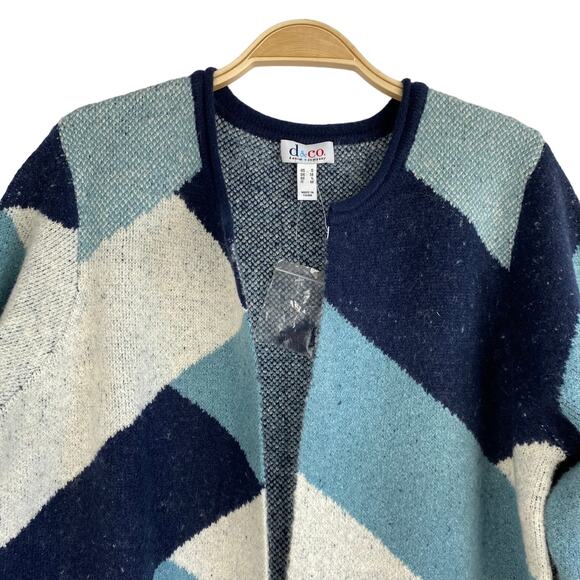 Denim & Co. Colorblock Long Cardigan Sweater Women S Blue Geometric Preppy NEW - Picture 3 of 7